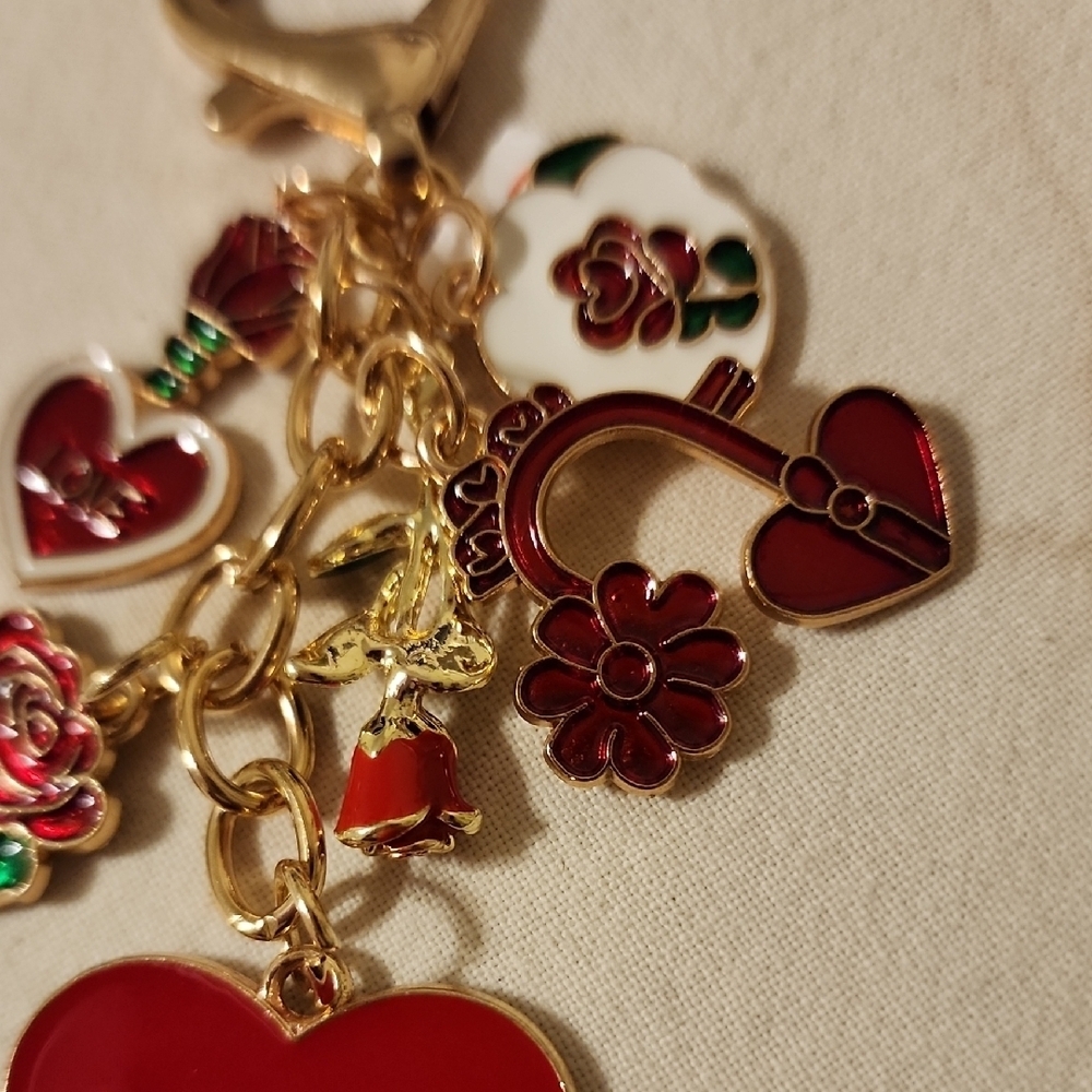 Gold and Red Heart Charm Keychain - Picture 2 of 5